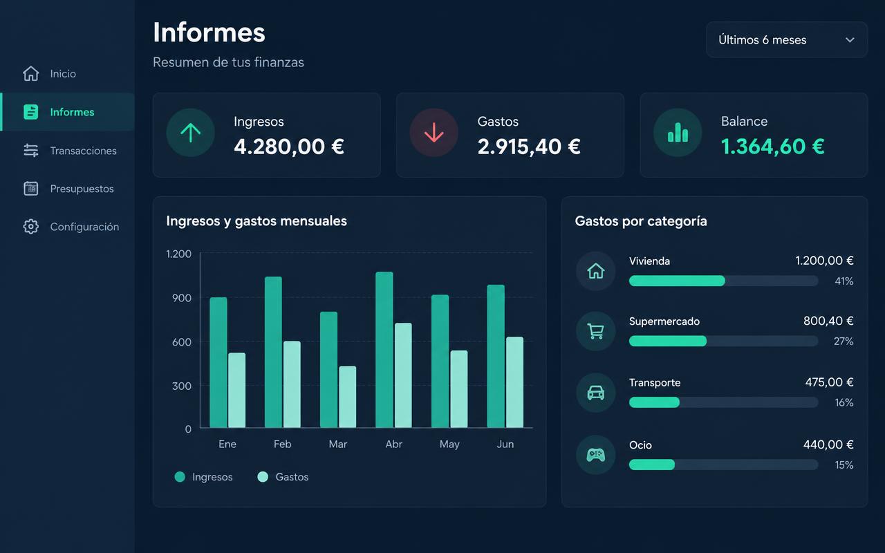 Pantalla de informes con ingresos, gastos y categorías